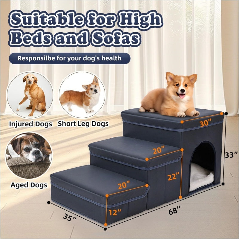 Foldable Dog Stairs with Storage – 3-Level Ramp for Small & Medium Dogs, Oxford Fabric Pet Ladder for High Beds & Sofas