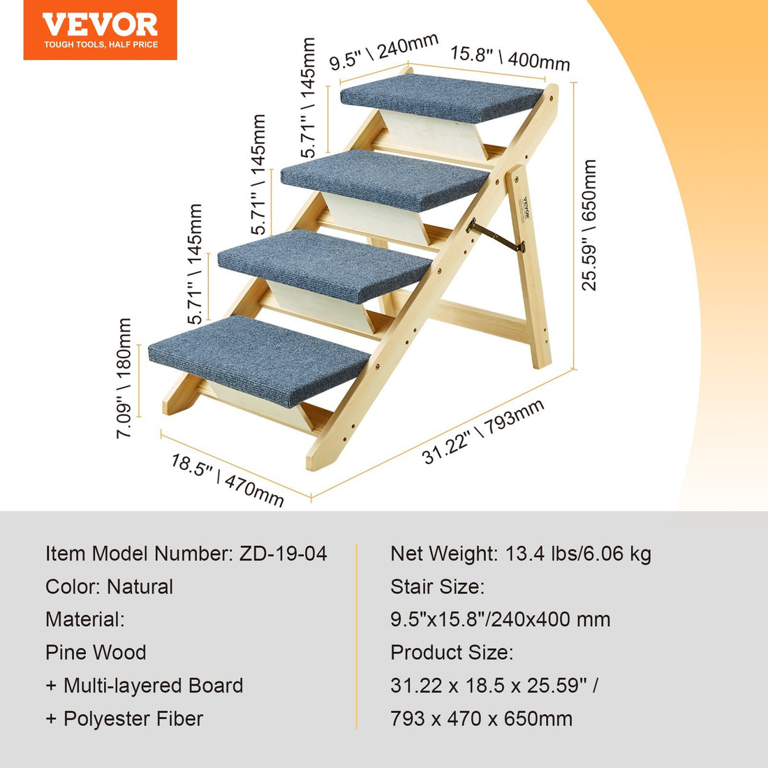 2-in-1 Foldable Wooden Pet Stairs & Ramp – 4-Step, Up to 150 lbs, Ideal for Beds, Sofas & Cars – Non-Slip, Space-Saving Dog/Cat Access