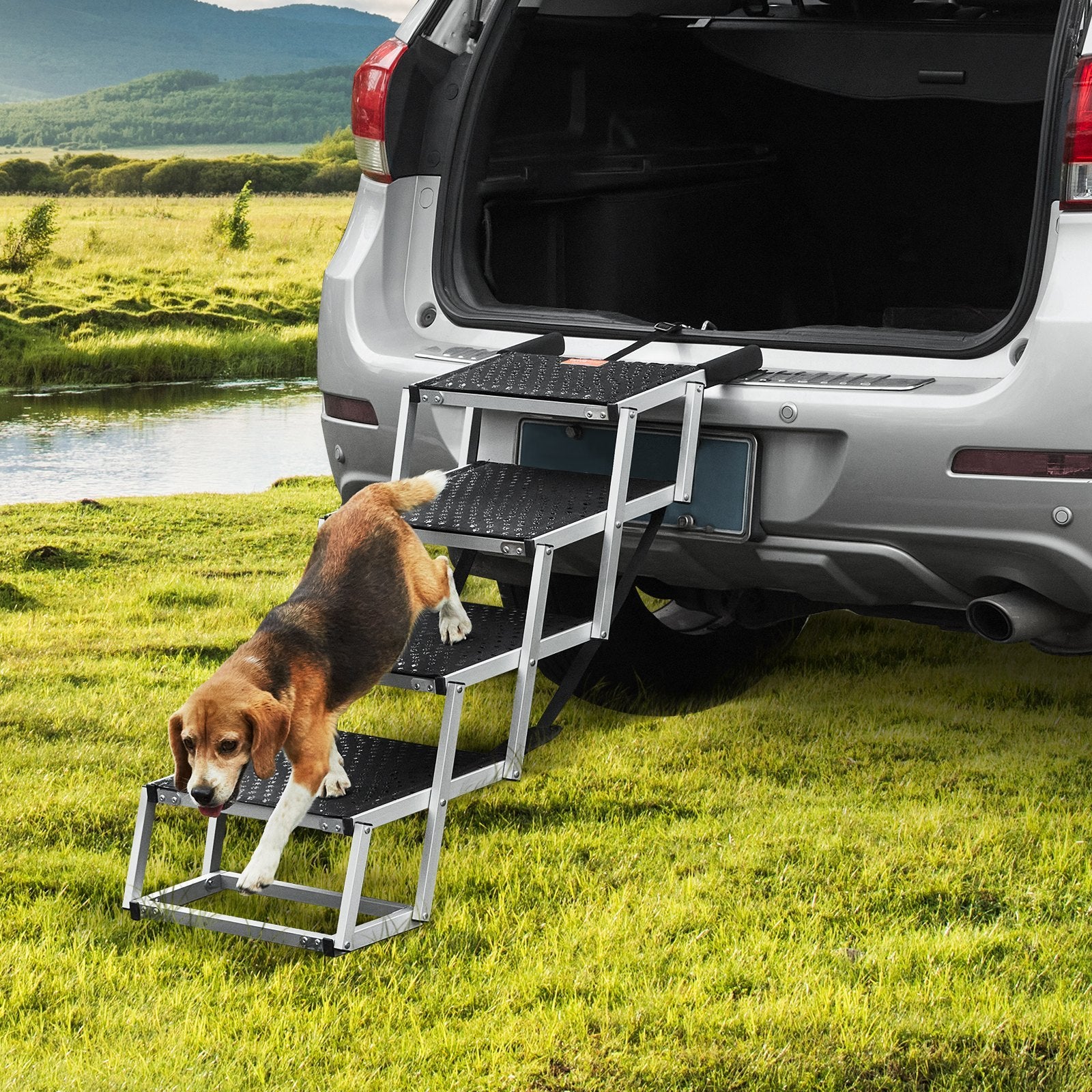 VEVOR 4-Step Folding Dog Car Stairs – Aluminum, Non-Slip Ramp Supporting Up to 150 lbs