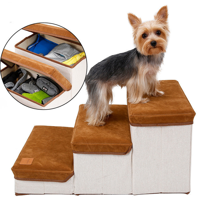 Foldable Storage Pet Dog Stairs – 3-Step Portable Pet Ladder with Hidden Storage, Soft & Durable Fabric for Small Dogs and Cats