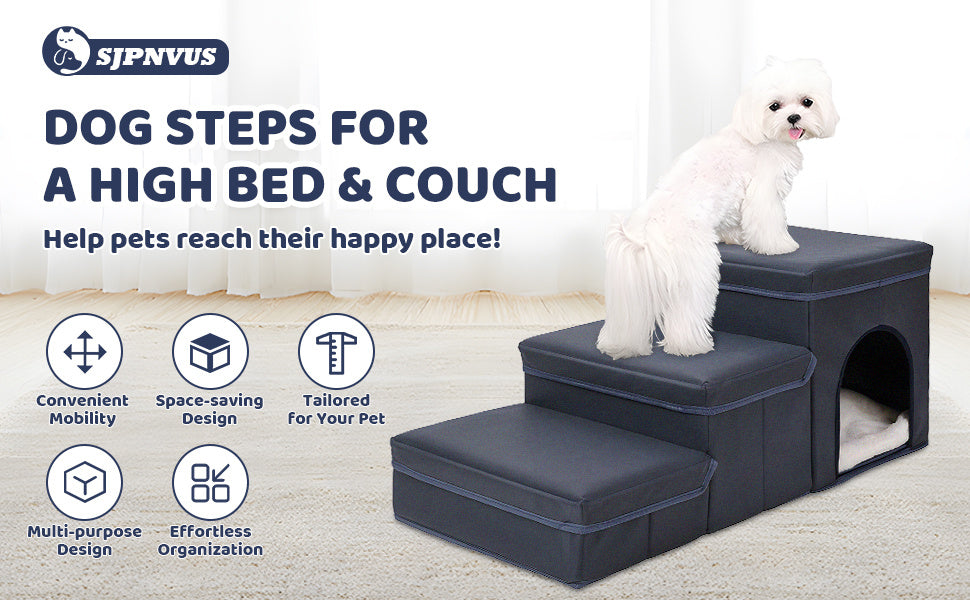 Foldable Dog Stairs with Storage – 3-Level Ramp for Small & Medium Dogs, Oxford Fabric Pet Ladder for High Beds & Sofas