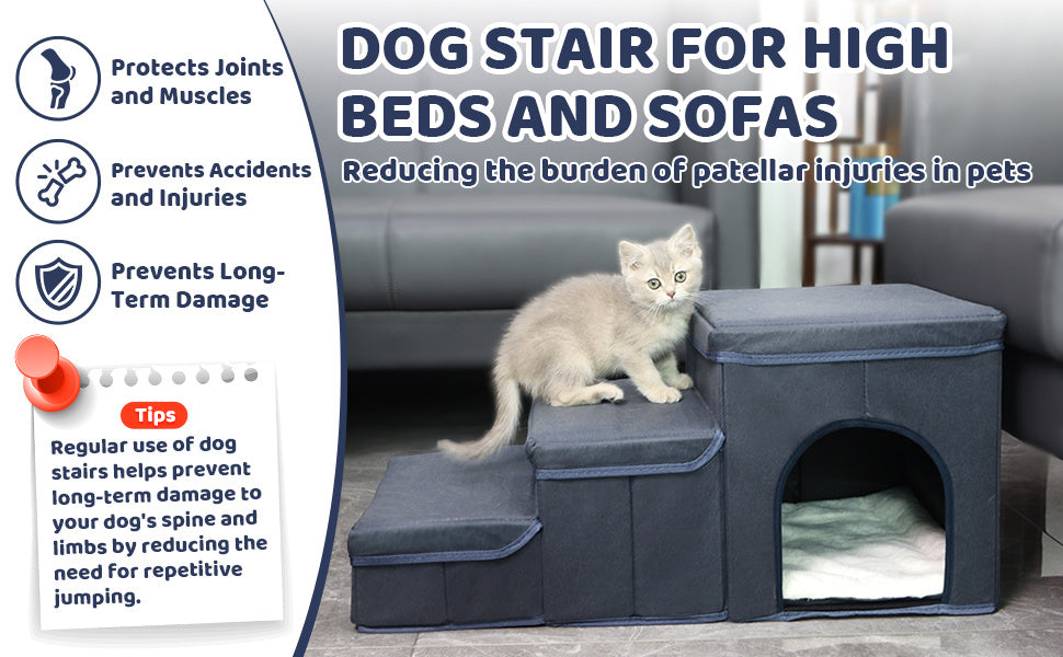 Foldable Dog Stairs with Storage – 3-Level Ramp for Small & Medium Dogs, Oxford Fabric Pet Ladder for High Beds & Sofas