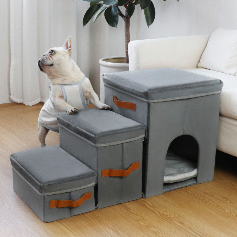 Foldable Pet Storage Stairs – 3-Step Dog Ladder with Hidden Storage, Portable and Soft Fabric