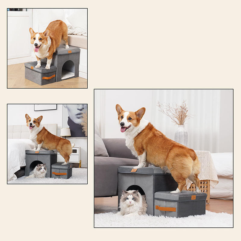 Foldable Pet Storage Stairs – 3-Step Dog Ladder with Hidden Storage, Portable and Soft Fabric
