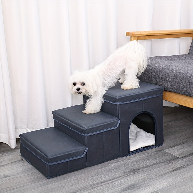 Foldable Dog Stairs with Storage – 3-Level Ramp for Small & Medium Dogs, Oxford Fabric Pet Ladder for High Beds & Sofas