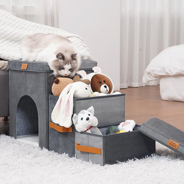 Foldable Pet Storage Stairs – 3-Step Dog Ladder with Hidden Storage, Portable and Soft Fabric