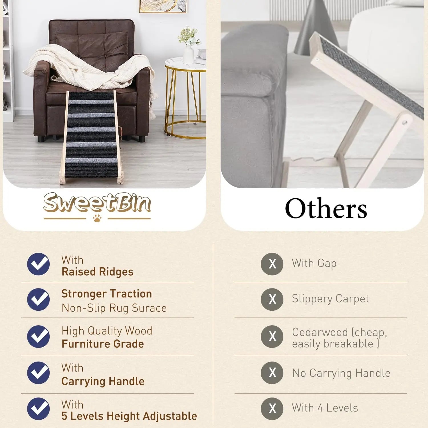 Wooden Adjustable Pet Ramp – Non-Slip, Joint-Friendly for Dogs & Cats