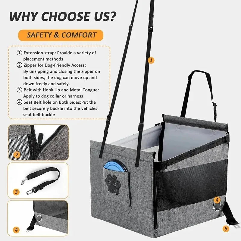 Portable Dog Car Seat – Waterproof Pet Carrier with Safety Mesh for Travel