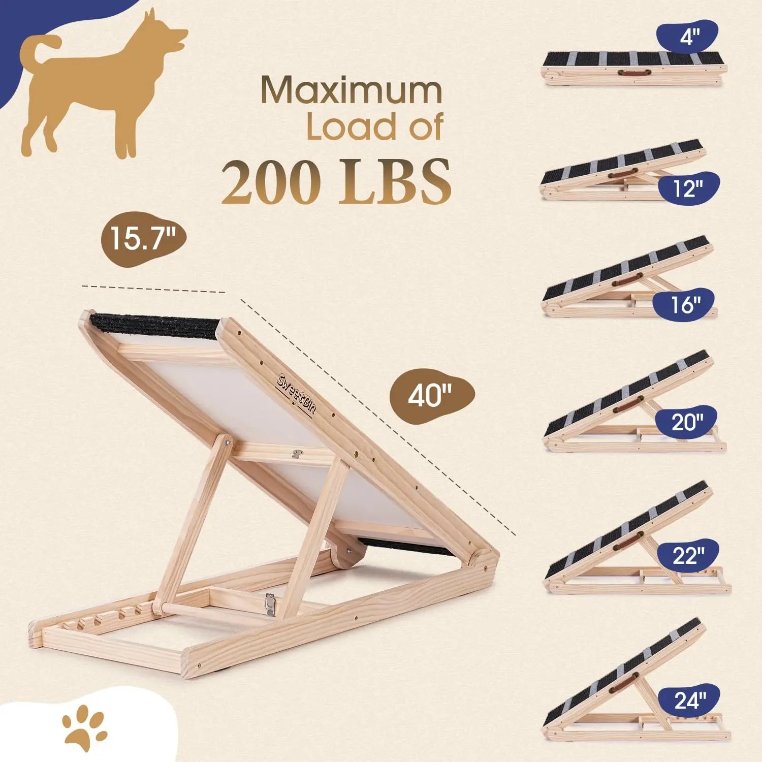 Wooden Adjustable Pet Ramp – Non-Slip, Joint-Friendly for Dogs & Cats