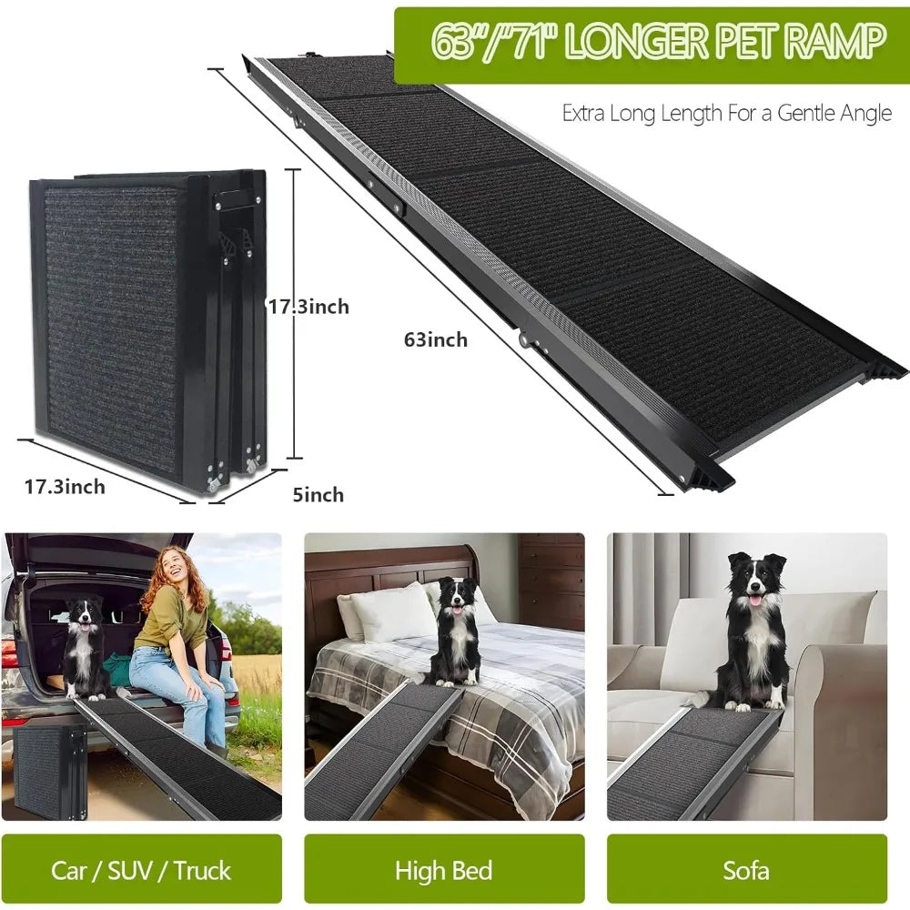 Heavy Duty Foldable Dog Ramp for Cars, SUVs & Trucks – 71" Non-Slip Pet Ramp with Safety Rails
