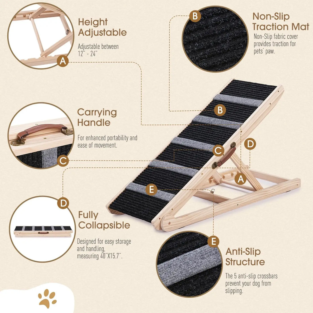 Wooden Adjustable Pet Ramp – Non-Slip, Joint-Friendly for Dogs & Cats
