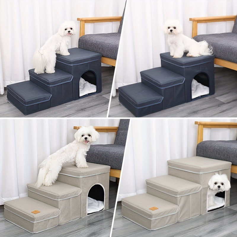 Foldable Dog Stairs with Storage – 3-Level Ramp for Small & Medium Dogs, Oxford Fabric Pet Ladder for High Beds & Sofas