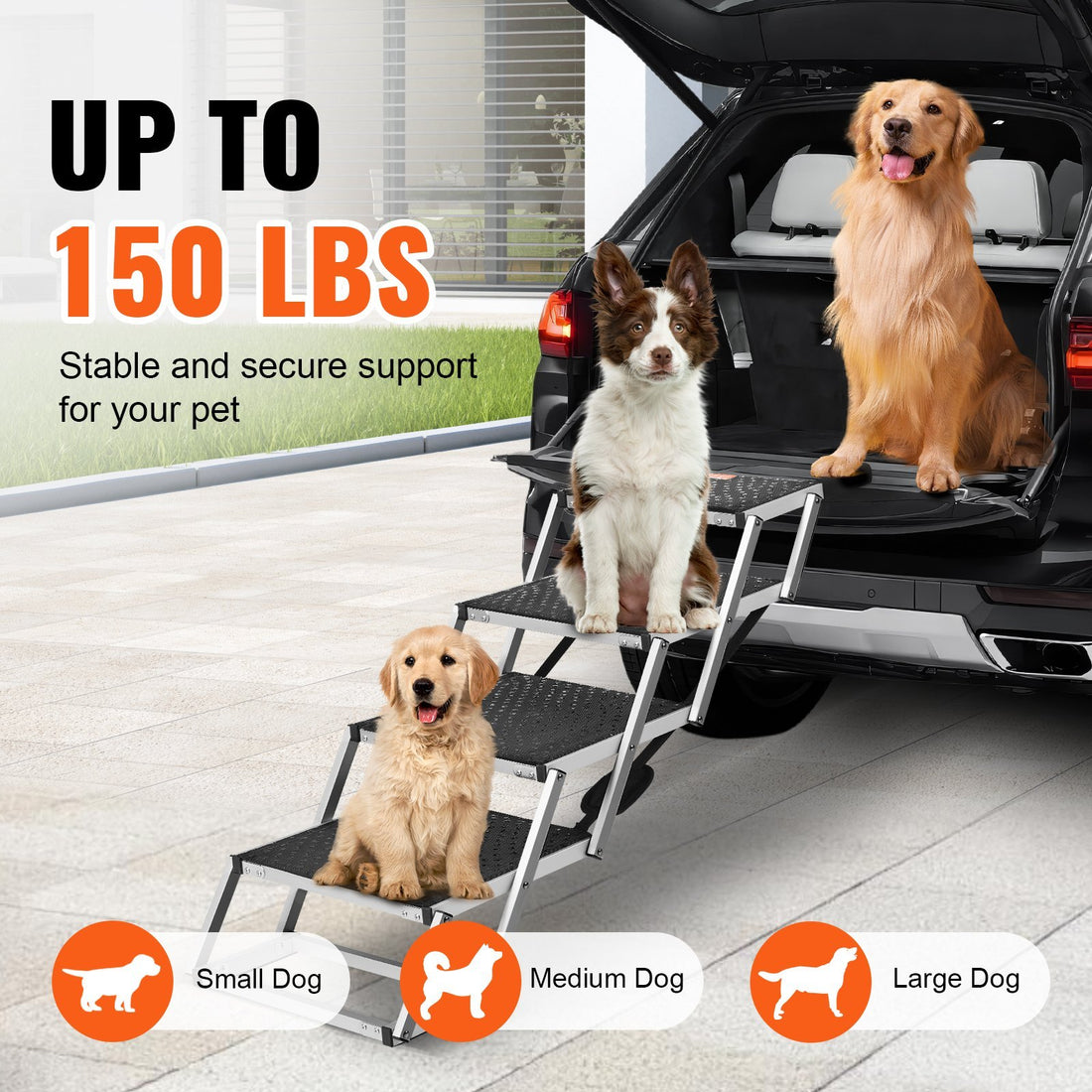 VEVOR 4-Step Folding Dog Car Stairs – Aluminum, Non-Slip Ramp Supporting Up to 150 lbs