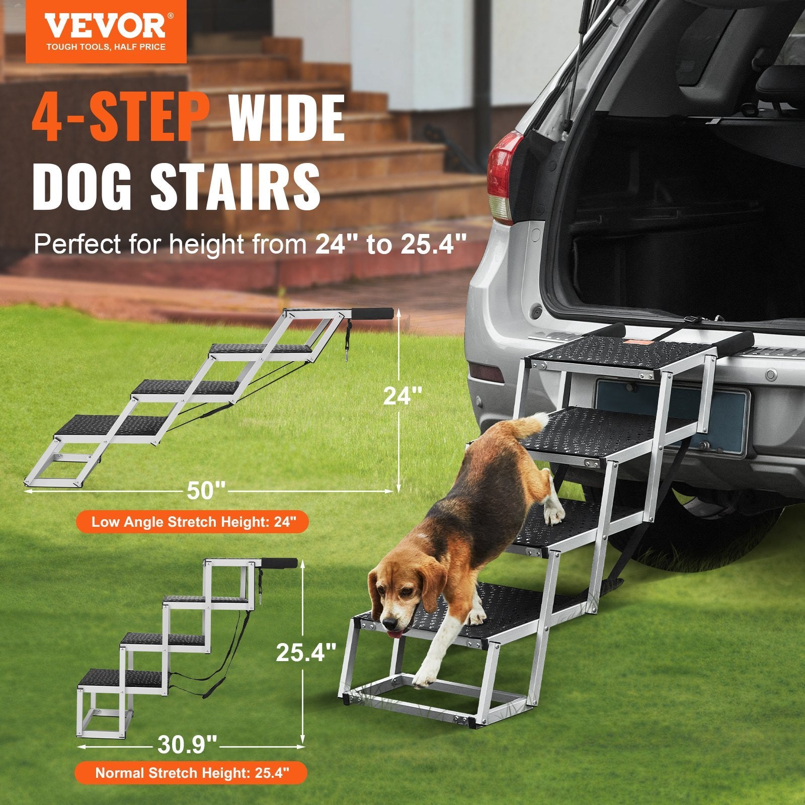 VEVOR 4-Step Folding Dog Car Stairs – Aluminum, Non-Slip Ramp Supporting Up to 150 lbs